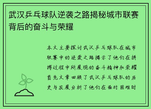 武汉乒乓球队逆袭之路揭秘城市联赛背后的奋斗与荣耀